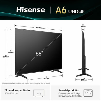 Размери на Hisense, Смарт телевизор 65" 4K Ultra HD LED 65A6Q, черен