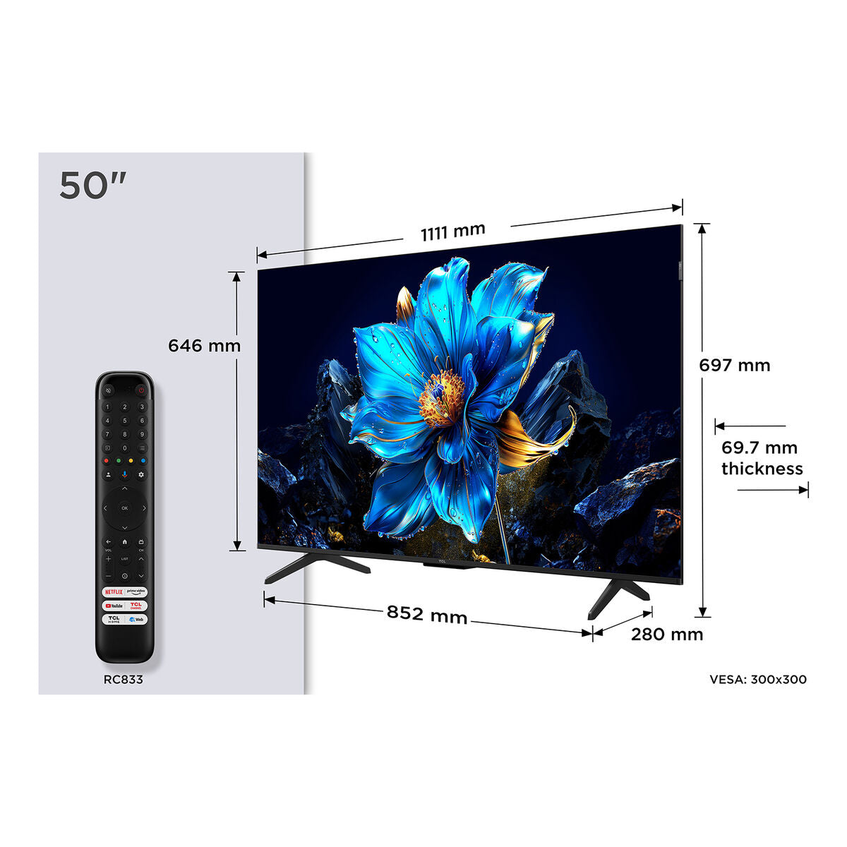TCL, Смарт телевизор 50" Wi-Fi 50P7K 4K Ultra HD HDR QLED, металик