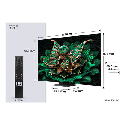 TCL, Смарт телевизор 75" Wi-Fi 75C7K 4K Ultra HD HDR QD Mini LED, металик